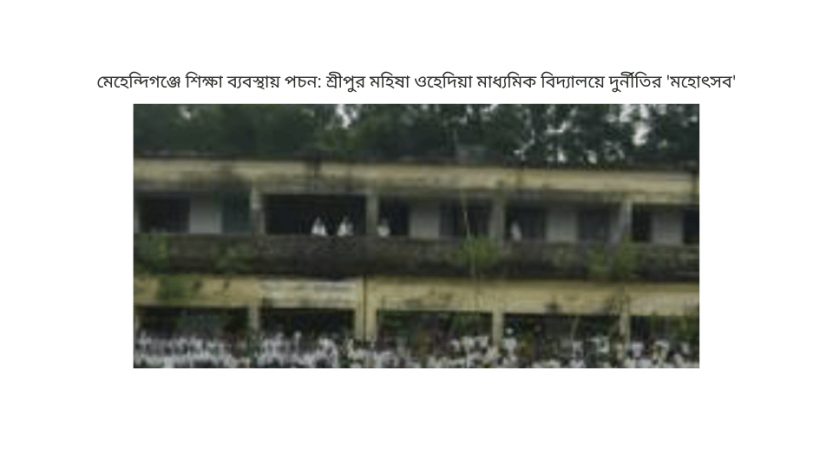 মেহেন্দিগঞ্জে শিক্ষা ব্যবস্থায় পচন: শ্রীপুর মহিষা ওহেদিয়া মাধ্যমিক বিদ্যালয়ে দুর্নীতির ‘মহোৎসব’