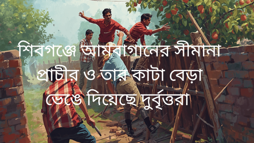 শিবগঞ্জে আমবাগানের সীমানা প্রাচীর ও তার কাটা বেড়া ভেঙে দিয়েছে দুর্বৃত্তরা 