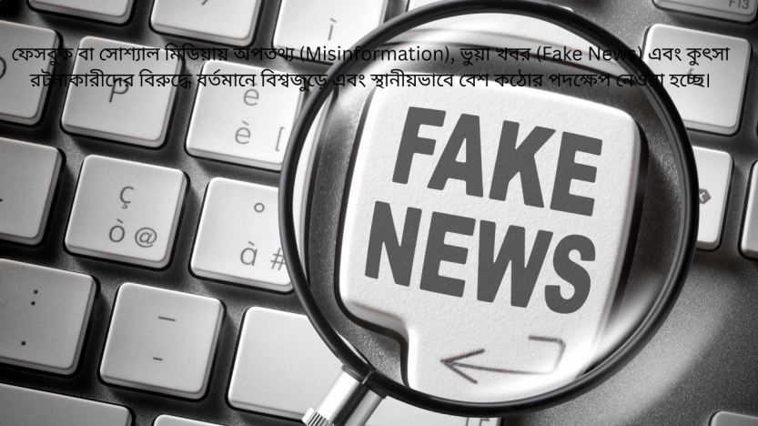 ফেসবুক বা সোশ্যাল মিডিয়ায় অপতথ্য (Misinformation), ভুয়া খবর (Fake News) এবং কুৎসা রটনাকারীদের বিরুদ্ধে বর্তমানে বিশ্বজুড়ে এবং স্থানীয়ভাবে বেশ কঠোর পদক্ষেপ নেওয়া হচ্ছে।